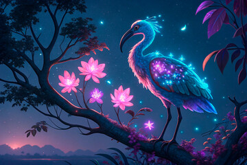 Fototapeta premium A glowing flamingo exuding a magical aura, perched on a neon tree branch in the middle of the night. The bird has translucent blue and purple feathers with luminous accents - generated by ai