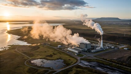 Aerial View of Geothermal Power Plant at Sunset Steam Rising Landscape