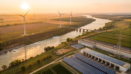 Aerial View of Sustainable Energy Wind Turbines Solar Panels and River at Sunset