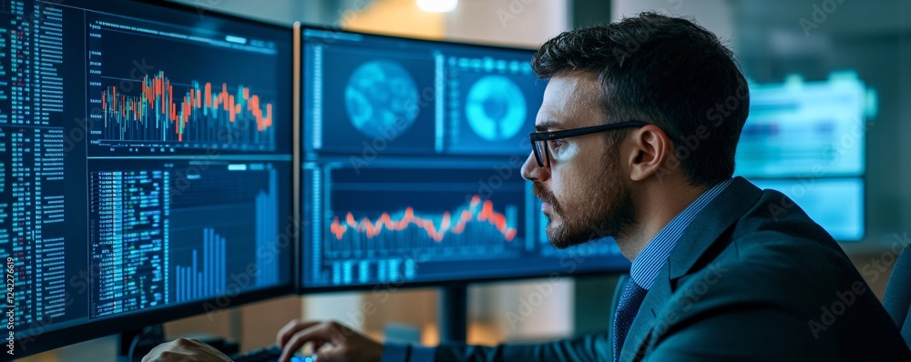 Poster Financial analyst working with multiple monitors showing charts and data visualisation