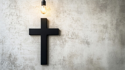 One clean, black cross on a white canvas, with a single, small light bulb above