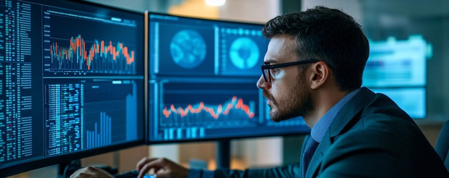 Financial analyst working with multiple monitors showing charts and data visualisation