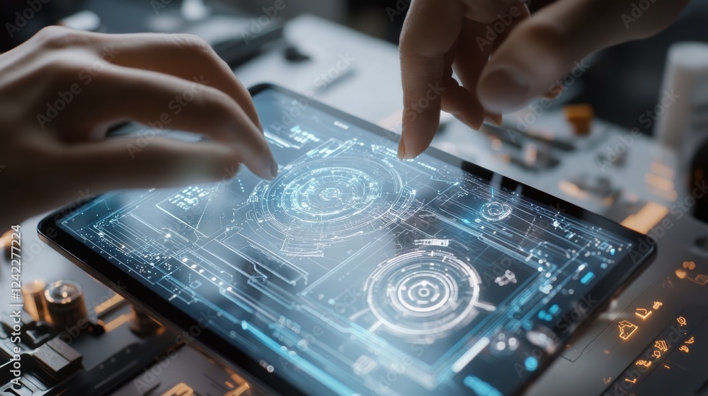 Poster close up of engineers using a digital tablet, interacting with holographic futuristic technology, sh