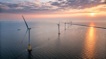 Offshore Wind Farm at Sunset Aerial View Renewable Energy Clean Power Generation