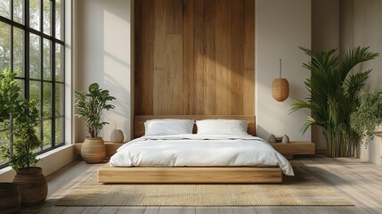 Cozy and Inviting Bedroom Featuring a Comfortable Bed Surrounded by Soft Textiles and a Lush Green Plant Creating a Relaxing Atmosphere Perfect for Rest and Rejuvenation in Tranquil Settings