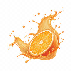abstract 3d Juice splash with orange slice realistic vector. 3d citrus fruit liquid, summer tropical vacation drink symbol. Fresh vitamin sweet liquid flowing in motion isolated on white background