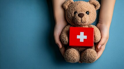 Cheerful bear character dressed as a doctor holding a red first aid box conveying a friendly and approachable demeanor to offer medical assistance and care