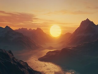 Fototapeta premium Majestic mountain range at sunset with a river flowing through a serene landscape