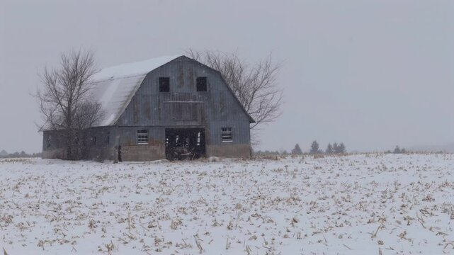 An old barn in a snow storm