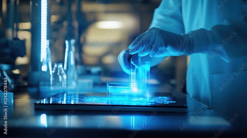 Poster scientist wearing gloves dropping liquid from a pipette into a futuristic virtual beaker displayed o