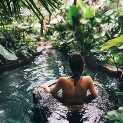 Fototapeta premium A serene scene of a woman relaxing in a natural pool surrounded by lush greenery, evoking tranquility and connection with nature.