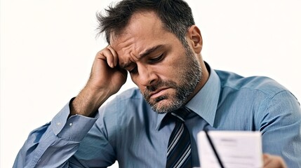 Anxious Man Buried in Piles of Bills and Financial Papers, Struggling with Overwhelming Financial Stress and Fear of Bankruptcy in a Cluttered Office
