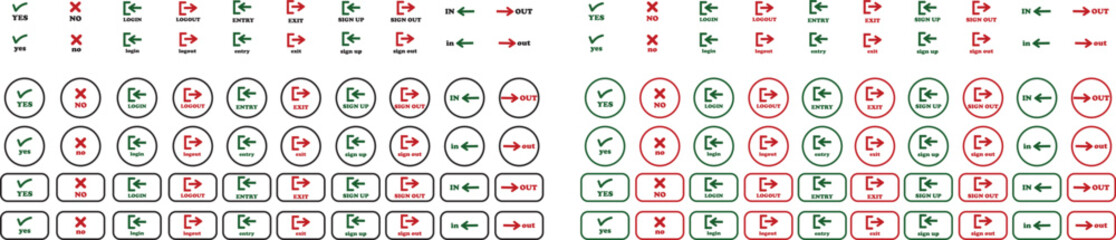 Login and logout icon set Set of sign out, Sign in vector vector collection. Open and close door symbol. Black in, out, exit and enter arrow, trendy flat style isolated on transparent background.