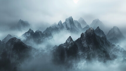 Misty Morning Over the Mountain Peaks , Fog in Nature