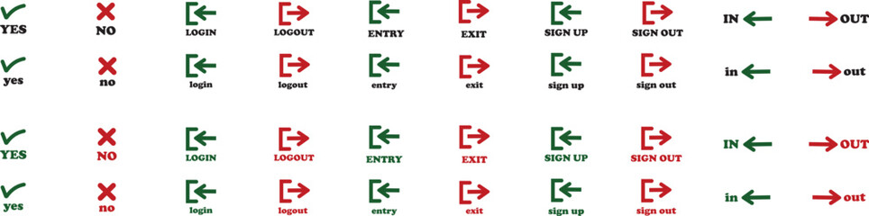 Login and logout icon set Set of sign out, Sign in vector vector collection. Open and close door symbol. Black in, out, exit and enter arrow, trendy flat style isolated on transparent background.