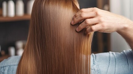 Fototapeta premium Expert Master Barber Demonstrates Healthy Hair Texture After Restoration, Nutrition and Dyeing, Focusing on Client Transformation and Salon Excellence 