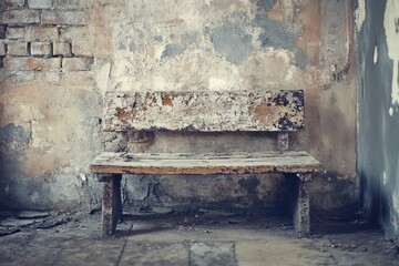 Weathered bench in derelict building; urban decay background