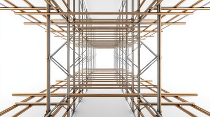 Wooden and metal scaffolding structure, interior view, construction site, background is white, for architecture design