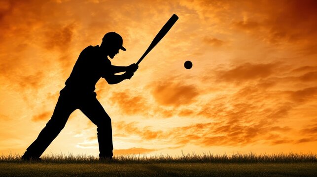 Silhouette of a Baseball Player Hitting a Ball Against a Dramatic Sunset Sky Background