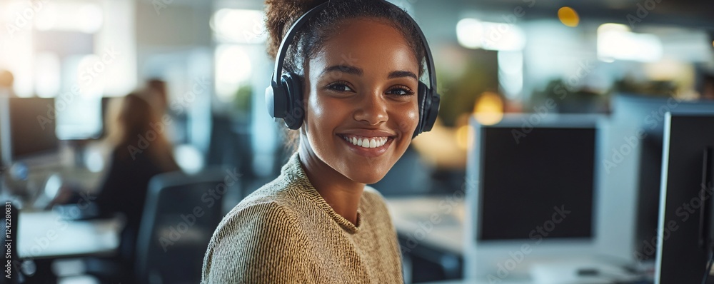 Poster Customer service representative smiling while wearing headset in busy call center