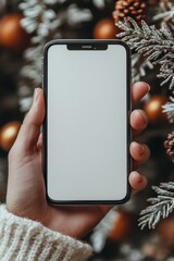 Hand holding blank phone with winter decoration backdrop, for seasonal content