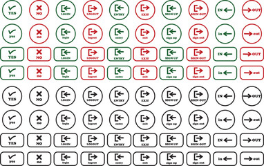 Login and logout icon set Set of sign out, Sign in vector vector collection. Open and close door symbol. Black in, out, exit and enter arrow, trendy flat style isolated on transparent background.
