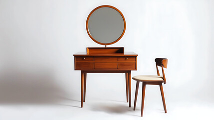 A wooden vanity with a mirror and a chair