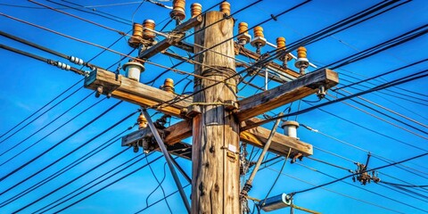 Captivating Product Photography of Telephone Post with Cables, Urban Infrastructure, Utility Poles, Power Lines, Communication Networks, Modern 