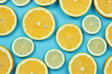 Obraz premium Minimal fruit pattern for blog or recipe book featuring fresh lemon slices on a blue background