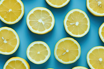 Fototapeta premium Minimal fruit pattern for blog or recipe book featuring fresh lemon slices on a blue background