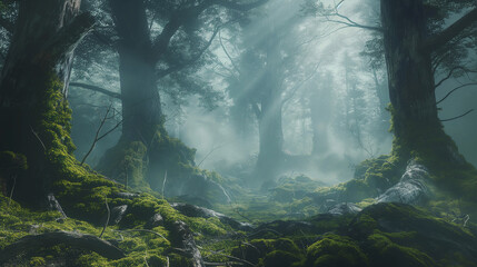 Obraz premium Close-Up of Enchanting Mist Rising Through Forest Trees, Bathed in Sunlight and Rays, Fog in Nature