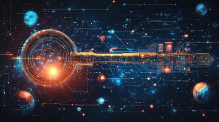 Obraz premium Futuristic digital key in cosmic space.
