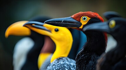 Obraz premium A Colorful Avian Assembly: A Striking Row of Diverse Toucans in Close Up View