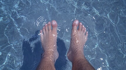 Feet in pool water, summer day, sun reflecting