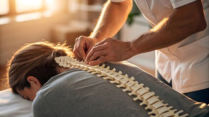 Chiropractor Adjusting Patient s Spine with Spinal Model Healthcare Treatment