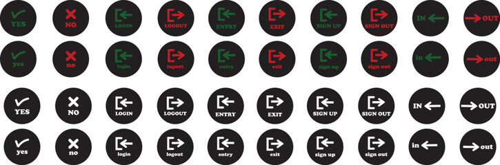 Login and logout icon set Set of sign out, Sign in vector vector collection. Open and close door symbol. Black in, out, exit and enter arrow, trendy flat style isolated on transparent background.