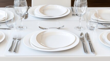 Elegant White Dinner Table Setting with Modern Cutlery