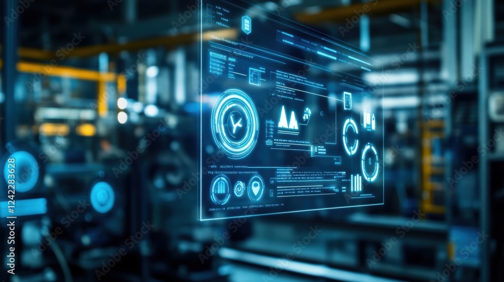 Poster futuristic transparent display presenting manufacturing data with charts, graphs, and kpis, deliveri