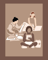 Modern poster illustration featuring a group of diverse women engaging in creative activities