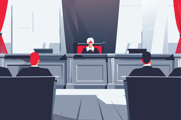 A dramatic courtroom sketch depicting a judge, defense and prosecuting lawyers, and a jury during a tense trial moment.