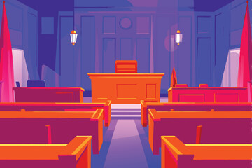 A majestic courtroom interior, featuring ornate wooden benches and a stern-faced judge presiding.  High ceilings and subtle lighting enhance the scene's gravity.