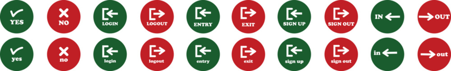 Login and logout icon set Set of sign out, Sign in vector vector collection. Open and close door symbol. Black in, out, exit and enter arrow, trendy flat style isolated on transparent background.