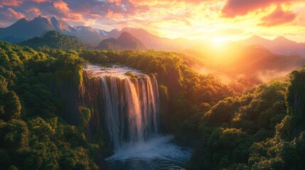 Fototapeta premium Majestic waterfall cascading down lush green cliffs at sunset, surrounded by misty mountains.