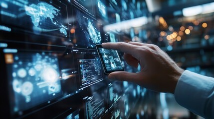 Hand holding global network connection on screens, tablets, smartphones, laptops, and smartwatches, exemplifying time management through technology and futuristic connectivity.