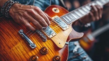 Guitarist performing live on stage. Band playing in blurred background. Concert promo