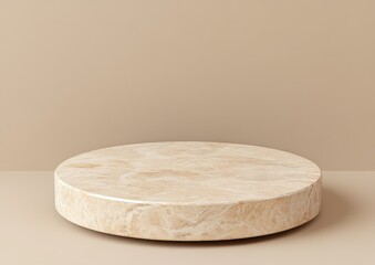 Beige marble round podium on beige background.