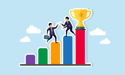 Businessman helps another businessman climb a chart to reach the top with a trophy, illustration of teamwork in achieving the company's vision as a leading company