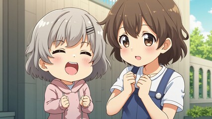 Joyful Anime Girls, Happy Children's Friendship, Cartoon Illustration