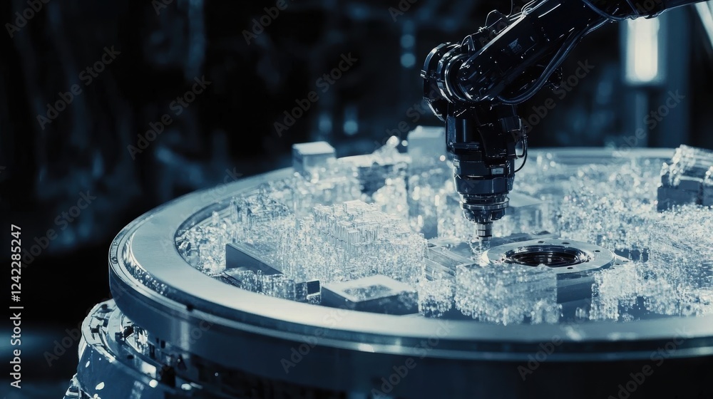 Aufkleber robotic arm performing precise micromachining on an intricate glass component in a high tech manufac