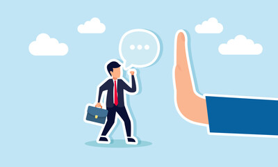 A hand stops a businessman from speaking, illustration of an effort to halt market protests against business or product performance